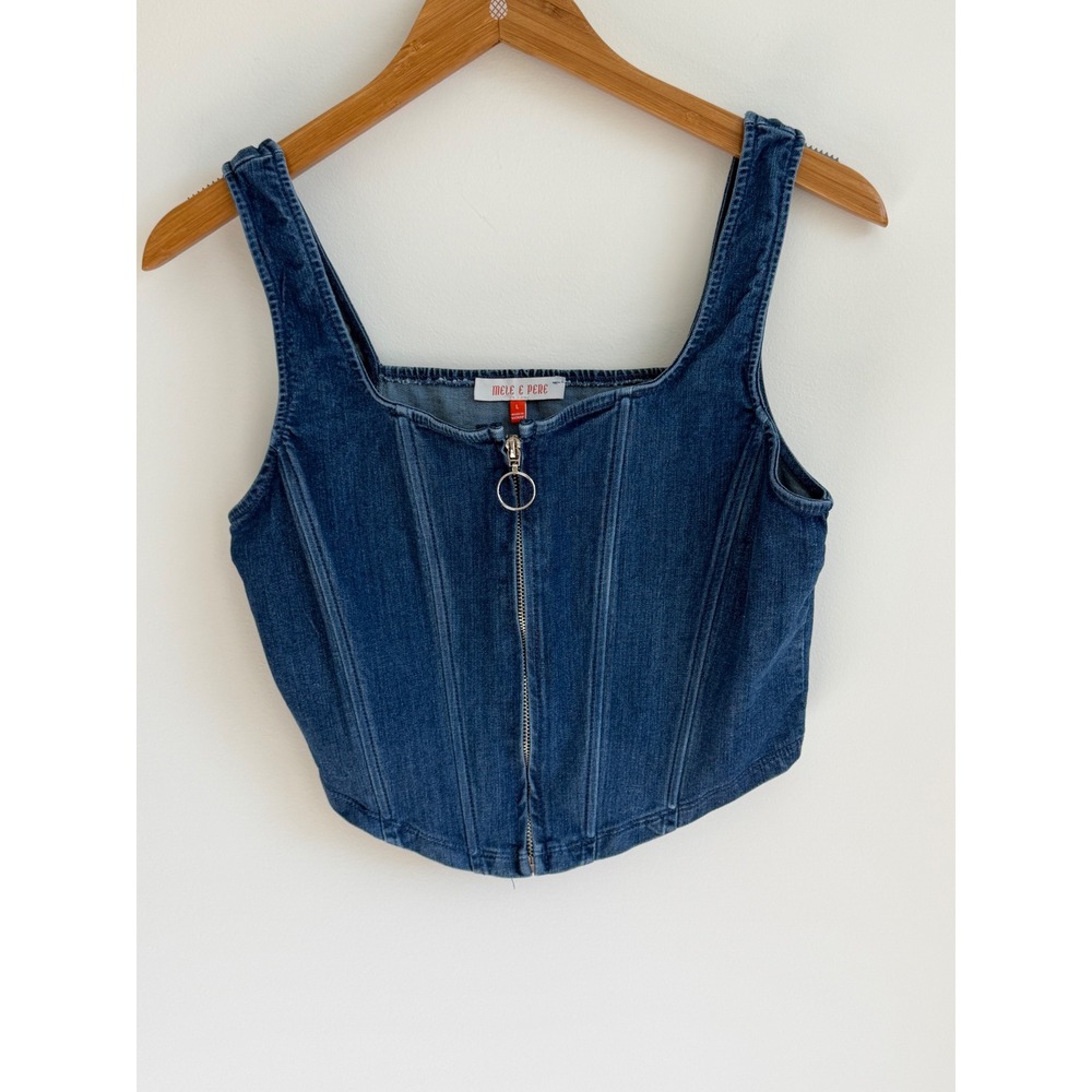 Denim Coquette Corset Top Large Strapless V-Notch Dark Wash Blue Y2K Retro Indie